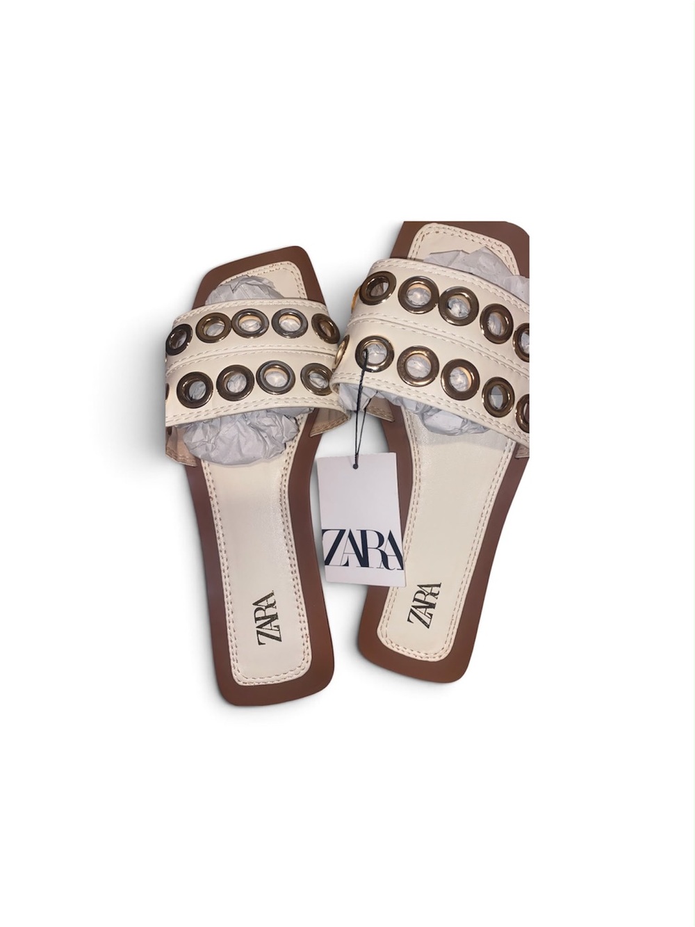 Zara Cream & Brown Grommet Slide Mules